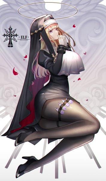Anime picture 3541x6000 with original amahara subaru single long hair tall image fringe highres breasts light erotic blonde hair large breasts sitting looking away absurdres full body bent knee (knees) ass blunt bangs long sleeves parted lips