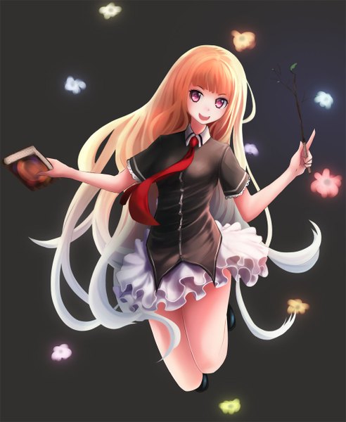 Anime picture 1024x1248 with original benezia single long hair tall image looking at viewer blush open mouth blonde hair purple eyes dark background girl dress flower (flowers) necktie book (books)