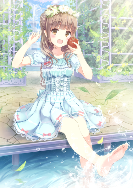 Anime picture 847x1200 with original alc (ex2 lv) single long hair tall image looking at viewer blush brown hair brown eyes barefoot bare legs girl dress leaf (leaves) fruit apple wreath