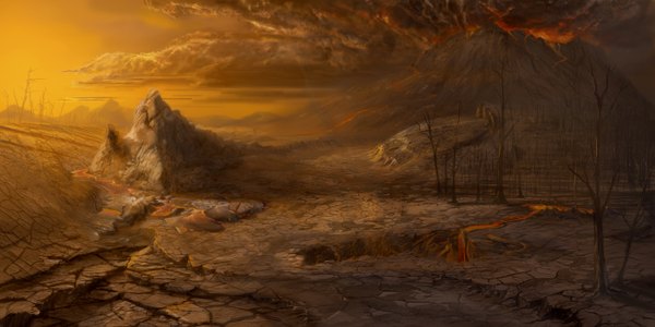 Anime picture 5600x2800 with original samburley (artist) highres wide image absurdres cloud (clouds) evening sunset landscape panorama lava volcano drought plant (plants) tree (trees)