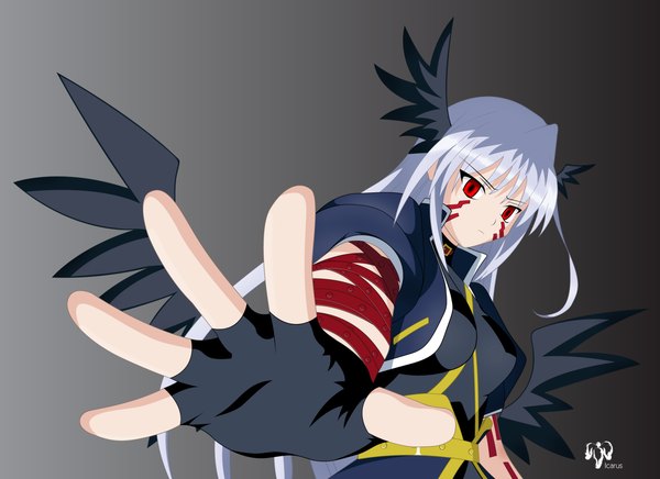 Anime picture 1600x1165 with mahou shoujo lyrical nanoha reinforce single long hair simple background red eyes silver hair black background head wings girl wings fingerless gloves