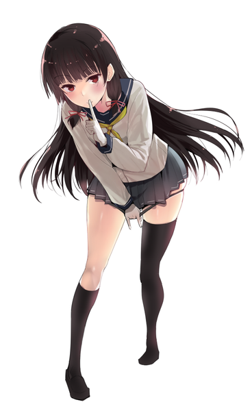 Anime picture 613x1000 with kantai collection isokaze destroyer hareno chiame (artist) single long hair tall image looking at viewer blush light erotic black hair red eyes finger to mouth panty pull tress ribbon girl thighhighs skirt gloves underwear panties