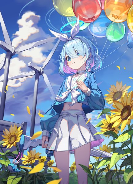 Anime picture 2173x3016 with blue archive arona (blue archive) al guang single tall image fringe highres short hair blue eyes smile standing blue hair sky cloud (clouds) outdoors pleated skirt multicolored hair hair over one eye from below colored inner hair