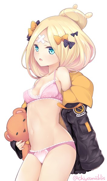 Anime picture 800x1359 with fate (series) fate/grand order abigail williams (fate) chiyami single long hair tall image open mouth blue eyes light erotic simple background blonde hair standing white background signed open jacket hair bun (hair buns) twitter username girl underwear