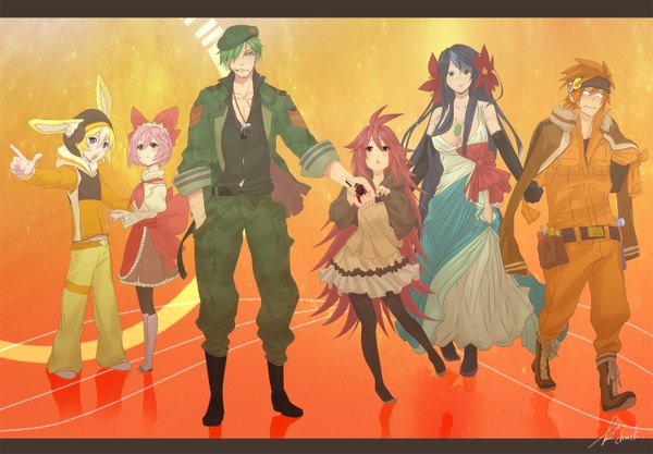 Anime picture 1500x1044 with happy tree friends flippy flaky giggles petunia cuddles handy kaboom (mattsuo) long hair fringe short hair blonde hair pink hair red hair hair flower green hair hair over one eye orange hair holding hands group