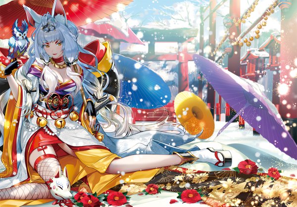 Anime picture 1500x1044 with original yanyo (ogino atsuki) single long hair looking at viewer open mouth smile sitting animal ears yellow eyes cleavage white hair tail traditional clothes :d japanese clothes animal tail high heels fox ears floral print