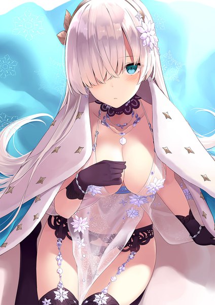 Anime picture 1000x1414 with fate (series) fate/grand order artoria pendragon (all) anastasia (fate) artoria pendragon (lancer alter) azuuru single long hair tall image looking at viewer blush fringe breasts blue eyes light erotic large breasts sitting silver hair hair over one eye arm support