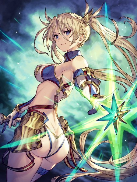 Anime picture 1125x1500 with fate (series) fate/grand order bradamante (fate/grand order) kusano shinta single tall image looking at viewer fringe breasts blue eyes light erotic blonde hair hair between eyes standing twintails bare shoulders holding payot ass braid (braids)