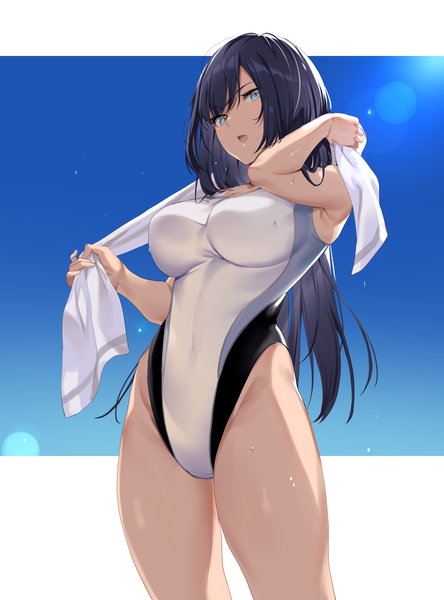 Anime picture 2756x3720 with original ikomochi single long hair tall image looking at viewer blush fringe highres breasts open mouth light erotic black hair simple background hair between eyes large breasts standing holding sky head tilt