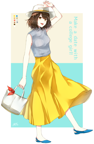 Anime picture 1200x1826 with original dabadhi single tall image short hair open mouth brown hair brown eyes full body arm up sleeveless text victory english girl skirt hat bag long skirt yellow skirt