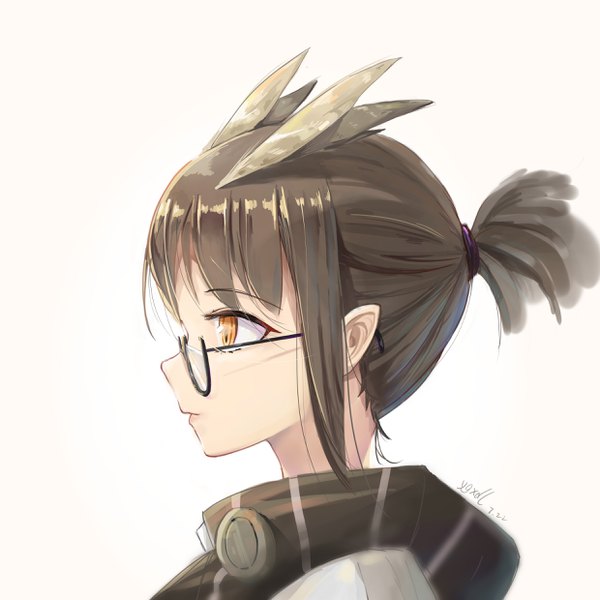 Anime picture 2480x2480 with arknights silence (arknights) ygxdl single fringe highres short hair simple background brown hair white background signed animal ears yellow eyes payot looking away ponytail profile pointy ears portrait alternate hairstyle