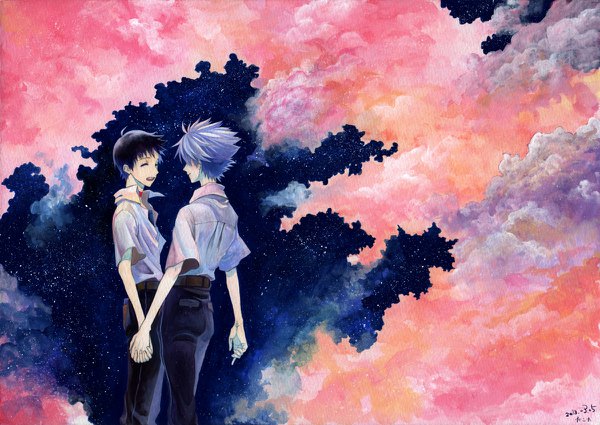 Anime picture 1200x850 with neon genesis evangelion gainax ikari shinji nagisa kaworu takamine k blush fringe short hair open mouth black hair smile standing signed silver hair cloud (clouds) ahoge eyes closed night multiple boys night sky