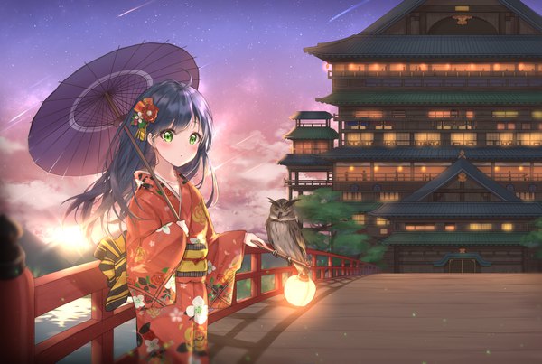 Anime picture 2000x1344 with original cuna (qunya) single long hair looking at viewer blush fringe highres black hair standing holding green eyes cloud (clouds) ahoge traditional clothes parted lips japanese clothes wind night wide sleeves