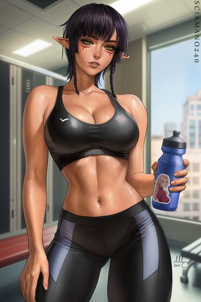 Anime picture 853x1280 with original chloe (sciamano240) valerie (sciamano240) sciamano240 single tall image looking at viewer fringe short hair breasts light erotic black hair large breasts standing holding signed cleavage indoors blunt bangs braid (braids)