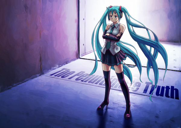 Anime picture 1200x849 with vocaloid hatsune miku wokada single standing twintails very long hair aqua eyes aqua hair crossed arms girl thighhighs detached sleeves necktie
