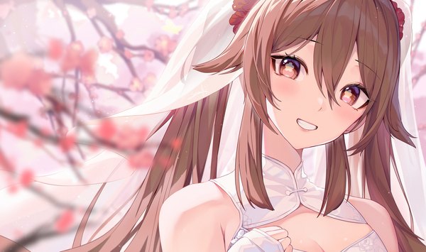 Anime-Bild 3376x2000 mit genshin impact hu tao (genshin impact) snozaki single long hair looking at viewer highres smile brown hair wide image twintails brown eyes upper body traditional clothes head tilt depth of field sleeveless grin symbol-shaped pupils chinese clothes