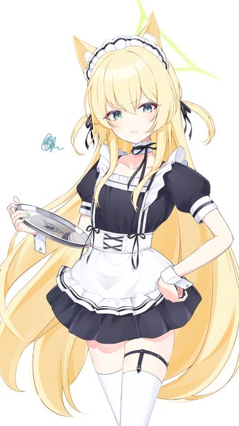 Anime picture 1350x2400 with blue archive kurumi (blue archive) dice gt single long hair tall image looking at viewer fringe blue eyes simple background blonde hair hair between eyes white background animal ears maid two side up alternate costume puffy sleeves hand on hip scribble