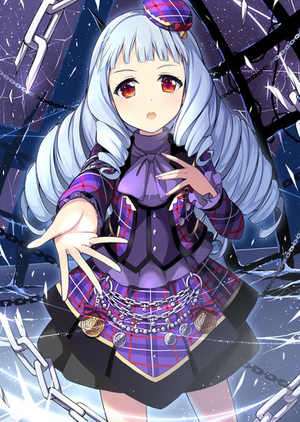 Anime picture 2133x3000 with aikatsu! aikatsu stars! shirogane lilly wara (warapro) single long hair tall image looking at viewer fringe highres open mouth red eyes standing silver hair blunt bangs outstretched hand girl hat chain mini hat