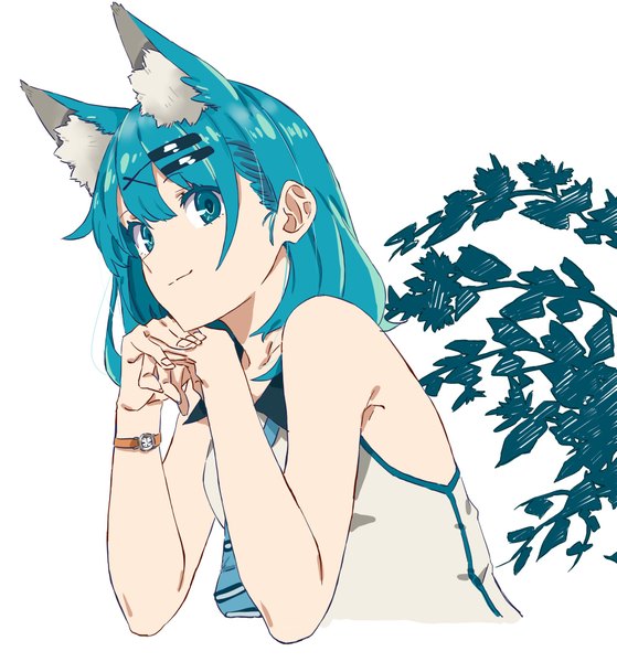 Anime picture 1917x2060 with original eir (machi) machi (wm) single tall image looking at viewer fringe highres short hair simple background smile hair between eyes white background bare shoulders animal ears upper body aqua eyes aqua hair leaning sleeveless