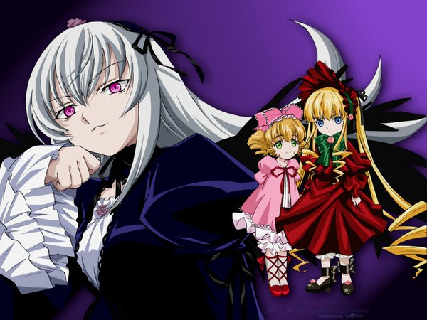 Anime picture 1600x1200 with rozen maiden suigintou shinku hina ichigo long hair looking at viewer short hair blue eyes simple background blonde hair smile purple eyes twintails multiple girls green eyes silver hair goth-loli hand on cheek gothic girl