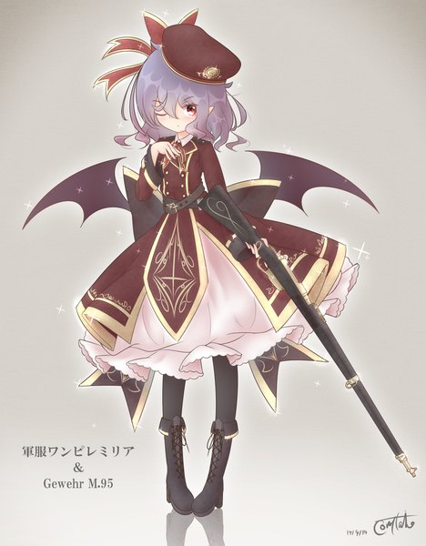 Anime picture 2472x3166 with touhou remilia scarlet coreytaiyo single long hair tall image looking at viewer fringe highres hair between eyes red eyes standing holding signed purple hair full body long sleeves one eye closed pointy ears alternate costume