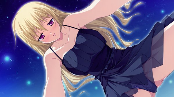 Anime picture 1280x720 with fortissimo//akkord:bsusvier (game) ooba kagerou long hair blush blonde hair wide image purple eyes game cg girl dress black dress