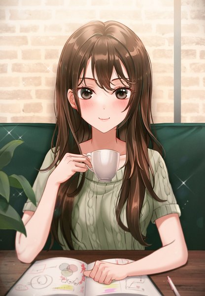 Anime picture 4189x6042 with original eichi (skskdi12z) single long hair tall image looking at viewer blush fringe highres smile brown hair holding absurdres upper body indoors black eyes sparkle short sleeves brick wall girl