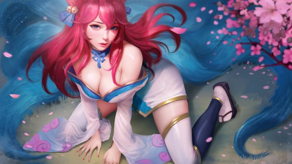 Anime picture 5476x3080 with league of legends ahri (league of legends) spirit blossom ahri turewindwalker single long hair looking at viewer fringe highres blue eyes light erotic hair between eyes wide image animal ears pink hair absurdres bent knee (knees) outdoors tail long sleeves