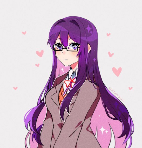 Anime picture 1280x1335 with doki doki literature club yuri (doki doki literature club) savi (byakushimc) single long hair tall image looking at viewer blush fringe simple background hair between eyes white background purple eyes signed purple hair upper body long sleeves parted lips bespectacled girl