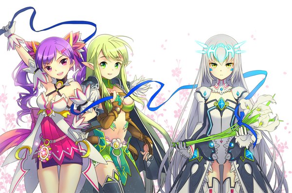 Anime picture 1100x729 with elsword eve (elsword) aisha landar rena erindel ron (pixiv 1249889) long hair looking at viewer open mouth smile white background twintails bare shoulders multiple girls green eyes silver hair purple hair pink eyes green hair pointy ears girl