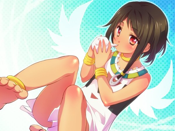 Anime picture 1024x768 with tamako market kyoto animation choi mochimazzui sasachin (k+w) single blush short hair black hair red eyes barefoot legs girl wings bracelet wagashi mochi