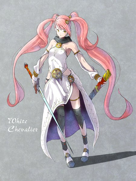 Anime picture 900x1200 with original satyuas single tall image simple background twintails bare shoulders holding yellow eyes pink hair full body very long hair grey background shadow girl dress weapon detached sleeves sword sheath
