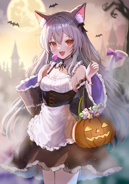 Anime picture 1210x1720 with original doyamona single long hair tall image looking at viewer open mouth red eyes signed animal ears tail :d animal tail grey hair cat ears cat girl cat tail fang (fangs) twitter username halloween