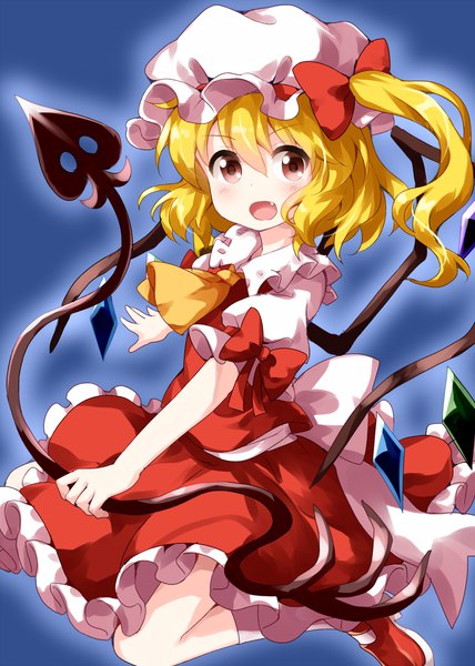 Anime picture 1000x1400 with touhou flandre scarlet ruu (tksymkw) single tall image blush fringe short hair open mouth simple background blonde hair hair between eyes red eyes :d fang (fangs) one side up girl skirt bow weapon
