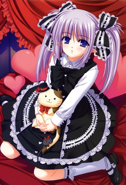 Anime picture 2360x3442 with shuffle! primula nishimata aoi long hair tall image highres blue eyes twintails absurdres purple hair pointy ears loli girl dress bow socks heart white socks cat