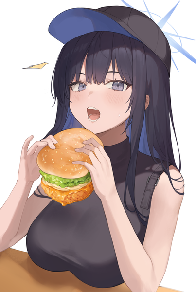 Anime picture 2564x3820 with blue archive saori (blue archive) ff 01 single long hair tall image looking at viewer highres breasts open mouth black hair simple background large breasts white background upper body multicolored hair grey eyes colored inner hair eating girl