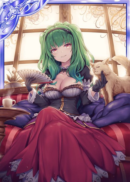 Anime picture 640x896 with shinkai no valkyrie akkijin single long hair tall image looking at viewer blush fringe breasts light erotic smile red eyes large breasts sitting cleavage indoors blunt bangs parted lips green hair official art