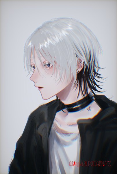 Anime picture 787x1165 with original shiyon (shiyon44 me) single tall image blush fringe short hair blue eyes black hair simple background hair between eyes signed looking away silver hair upper body profile multicolored hair grey background open jacket two-tone hair