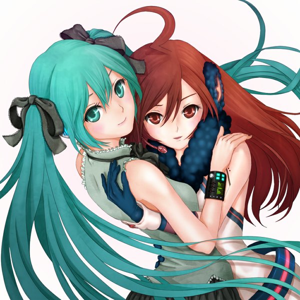 Anime picture 1000x1000 with vocaloid hatsune miku miki (vocaloid) aruk (artist) long hair simple background red eyes white background red hair aqua eyes aqua hair girl gloves ribbon (ribbons) hair ribbon headphones vest
