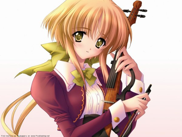 Anime picture 1400x1050 with carnelian single long hair blonde hair white background green eyes cropped girl dress bow violin bow (instrument)