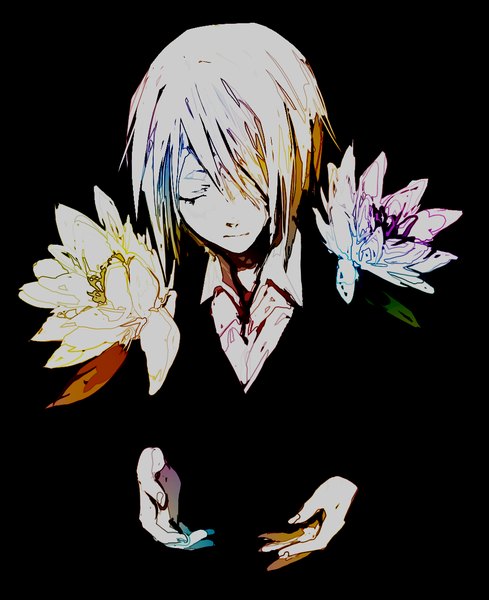 Anime picture 990x1214 with utau matsuda toki single tall image fringe short hair simple background blonde hair eyes closed hair over one eye black background boy flower (flowers) water lily