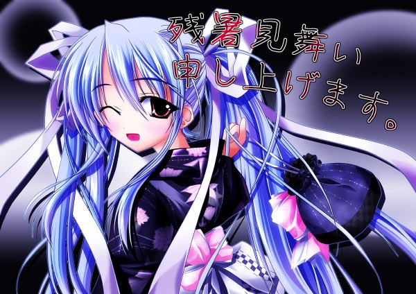 Anime picture 1200x848 with yu-ri (noteism) single long hair blush open mouth red eyes twintails blue hair japanese clothes one eye closed looking back wink hieroglyph girl ribbon (ribbons) hair ribbon kimono