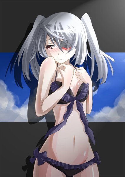 Anime picture 1000x1415 with infinite stratos 8bit laura bodewig s040784 (artist) tall image blush short hair light erotic red eyes twintails silver hair girl navel swimsuit bikini eyepatch