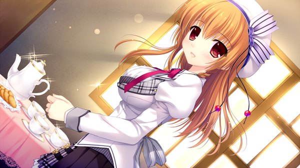 Anime picture 1280x720 with alia's carnival! asamiya shiina mitha single long hair looking at viewer blush open mouth red eyes brown hair wide image game cg girl uniform school uniform beret