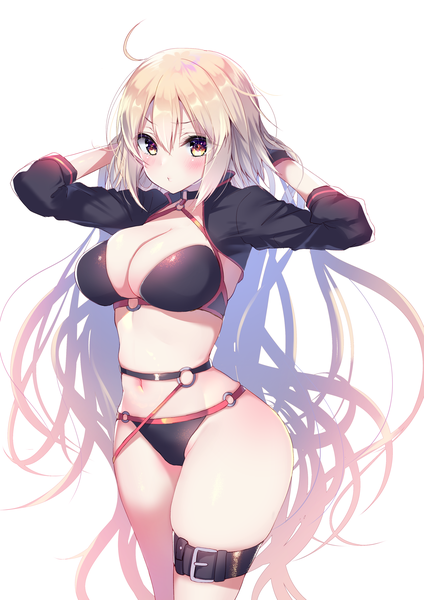 Anime picture 2894x4093 with fate (series) fate/grand order jeanne d'arc (fate) (all) jeanne d'arc alter (fate) jeanne d'arc alter (swimsuit berserker) (fate) ayuma sayori single tall image looking at viewer blush fringe highres breasts light erotic simple background blonde hair large breasts standing white background yellow eyes