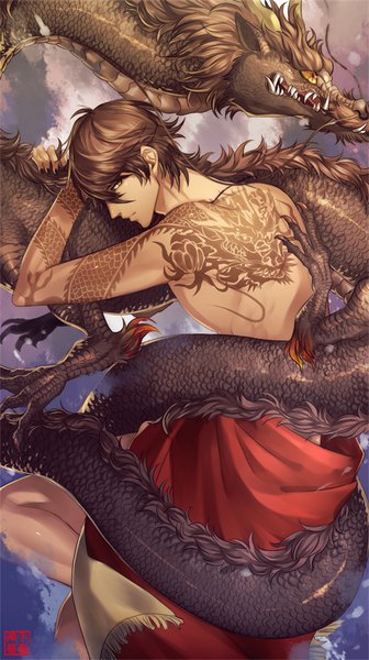 Anime picture 560x1000 with touken ranbu nitroplus ookurikara tyanibaaa single tall image short hair brown hair yellow eyes head tilt profile tattoo hug turning head dark skin fantasy shirtless boy dragon eastern dragon