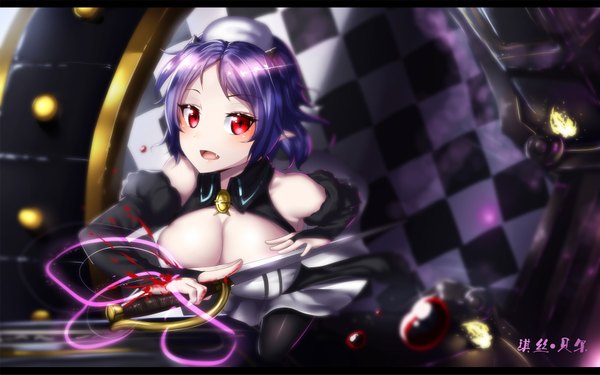 Anime picture 1812x1133 with owari no seraph wit studio chess belle hk (hak) single blush highres short hair breasts open mouth light erotic smile red eyes large breasts purple hair letterboxed checkered floor floor girl weapon