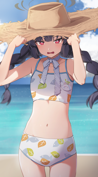 Anime picture 2106x3783 with blue archive miyu (blue archive) miyu (swimsuit) (blue archive) reulem single long hair tall image highres black hair red eyes standing sky cloud (clouds) outdoors braid (braids) beach twin braids official alternate costume adjusting hat girl