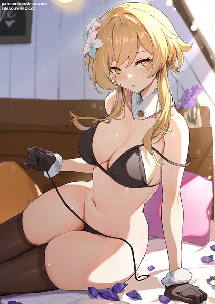 Anime picture 877x1241 with genshin impact lumine (genshin impact) simao (x x36131422) single long hair tall image looking at viewer blush fringe breasts light erotic blonde hair hair between eyes large breasts sitting yellow eyes indoors parted lips head tilt hair flower