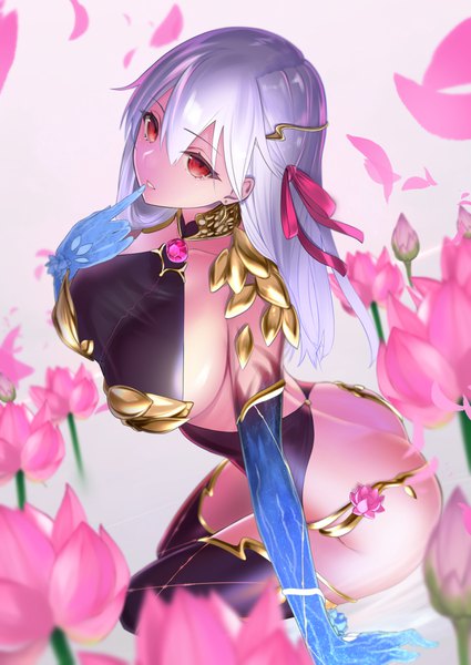 Anime picture 2508x3541 with fate (series) fate/grand order kama (fate) celeryma single long hair tall image looking at viewer fringe highres breasts light erotic simple background hair between eyes red eyes large breasts sitting silver hair ass parted lips